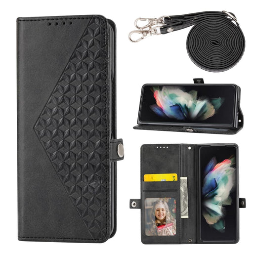 Grid Texture Leather Phone Case With Lanyard For Samsung