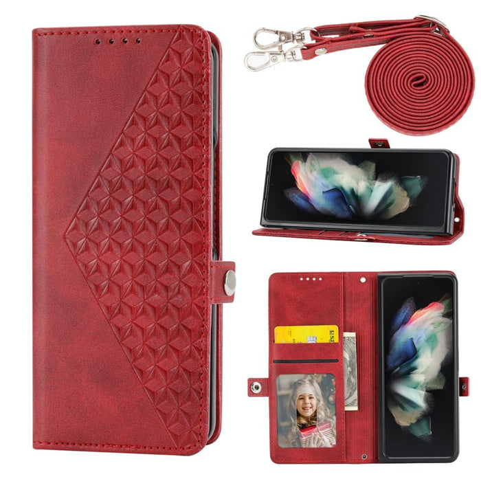 Grid Texture Leather Phone Case With Lanyard For Samsung