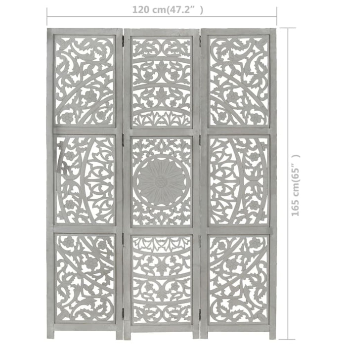 Hand Carved 3-panel Room Divider Grey 120x165 Cm Solid