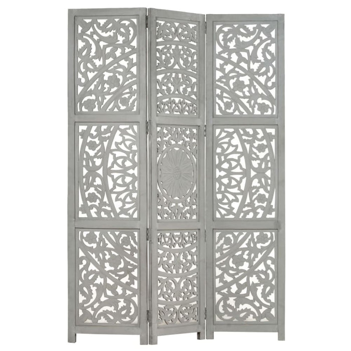 Hand Carved 3-panel Room Divider Grey 120x165 Cm Solid