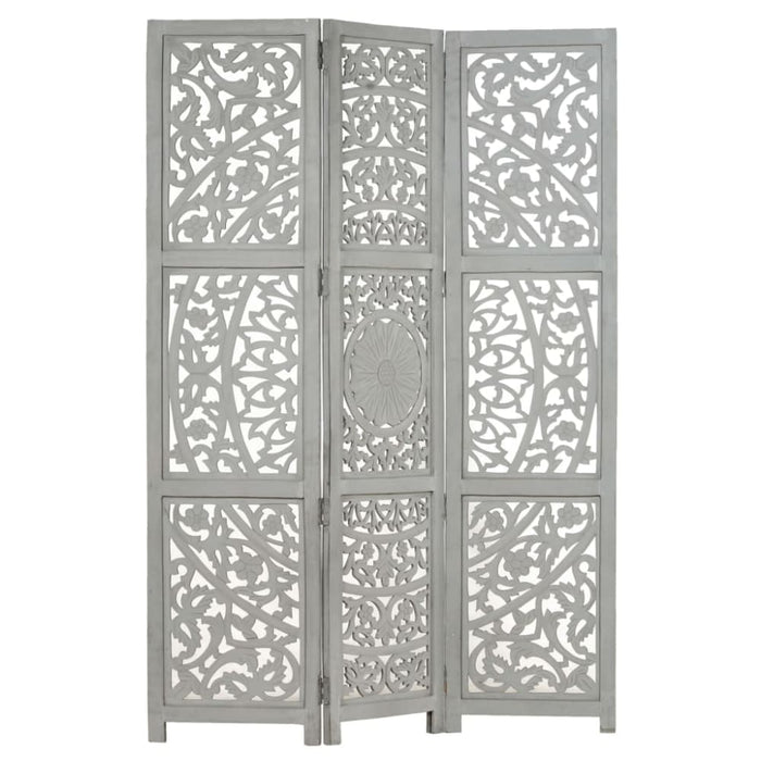 Hand Carved 3-panel Room Divider Grey 120x165 Cm Solid