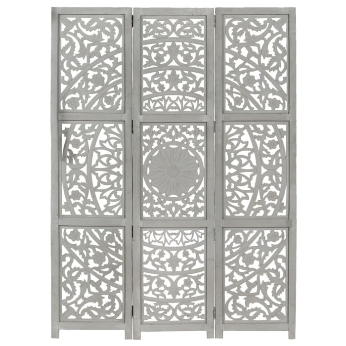 Hand Carved 3-panel Room Divider Grey 120x165 Cm Solid