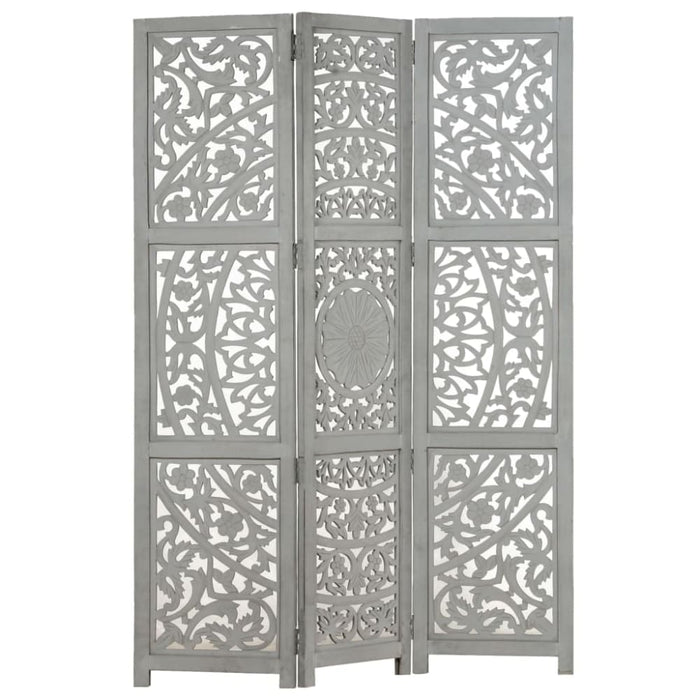 Hand Carved 3-panel Room Divider Grey 120x165 Cm Solid