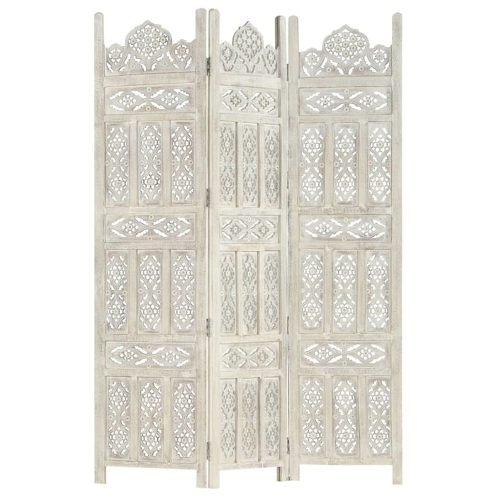 Hand Carved 3-panel Room Divider White 120x165 Cm Solid