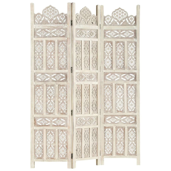 Hand Carved 3-panel Room Divider White 120x165 Cm Solid