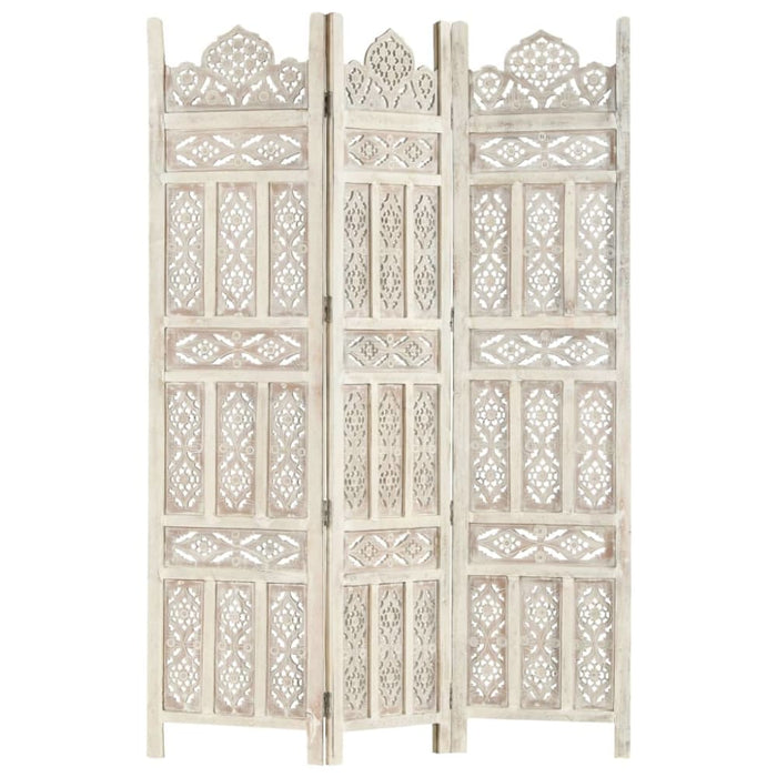 Hand Carved 3-panel Room Divider White 120x165 Cm Solid