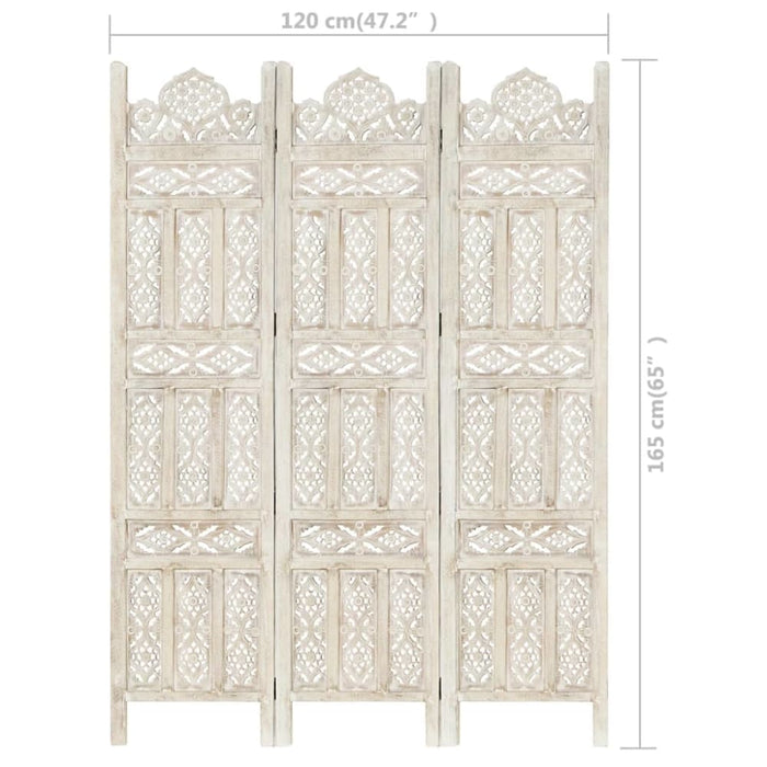 Hand Carved 3-panel Room Divider White 120x165 Cm Solid