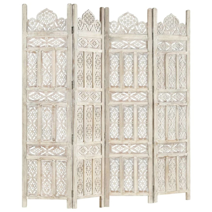 Hand Carved 4-panel Room Divider White 160x165 Cm Solid