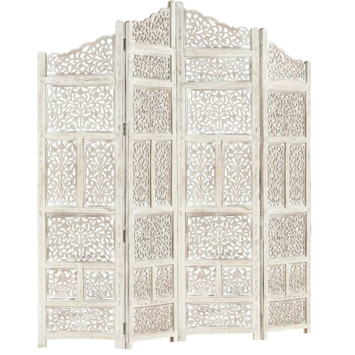 Hand Carved 4-panel Room Divider White 160x165 Cm Solid