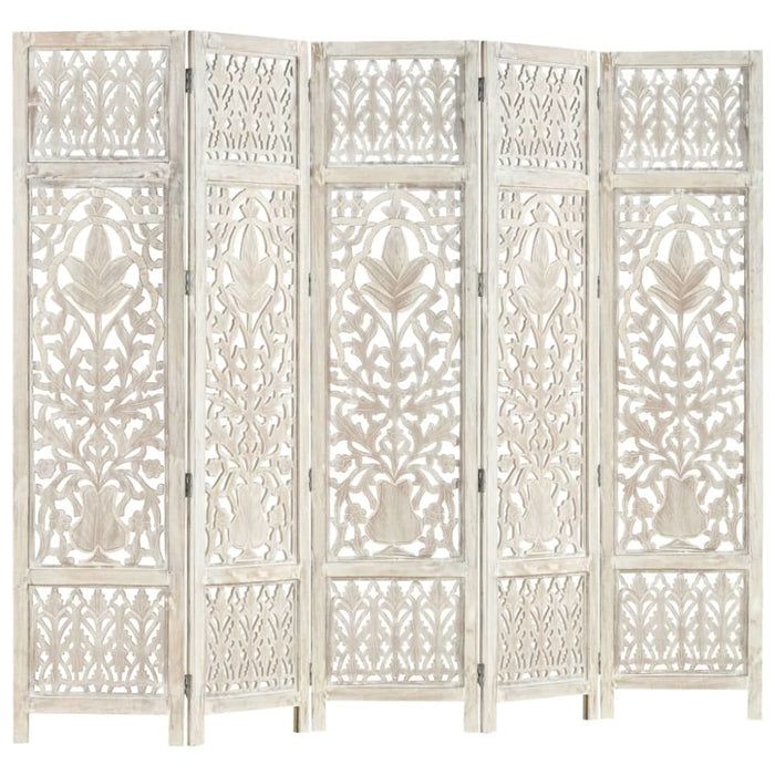 Hand Carved 5-panel Room Divider White 200x165 Cm Solid