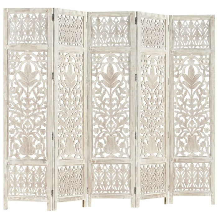 Hand Carved 5-panel Room Divider White 200x165 Cm Solid