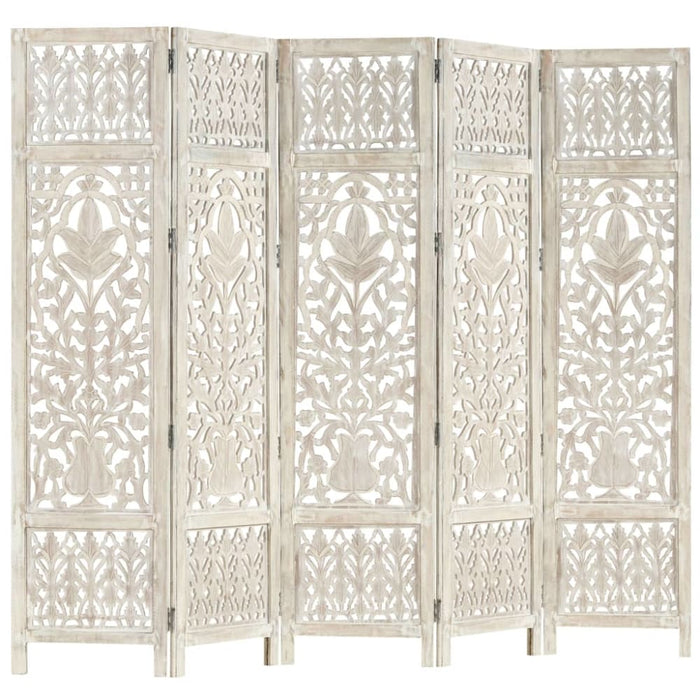 Hand Carved 5-panel Room Divider White 200x165 Cm Solid