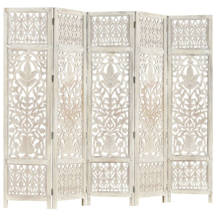 Hand Carved 5-panel Room Divider White 200x165 Cm Solid