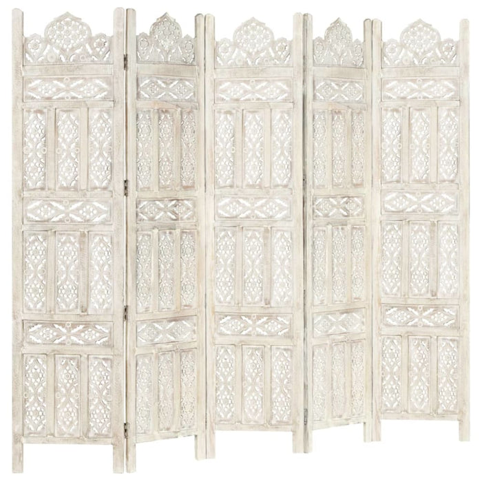 Hand Carved 5-panel Room Divider White 200x165 Cm Solid