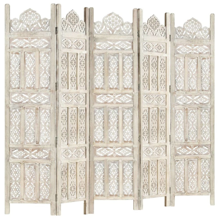 Hand Carved 5-panel Room Divider White 200x165 Cm Solid