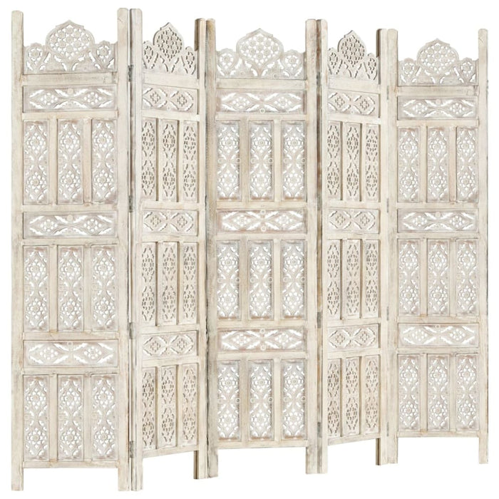 Hand Carved 5-panel Room Divider White 200x165 Cm Solid