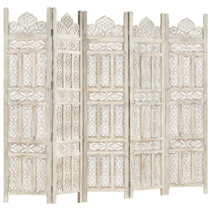 Hand Carved 5-panel Room Divider White 200x165 Cm Solid