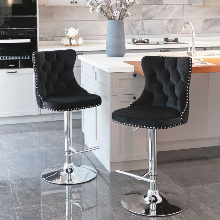 2x Height Adjustable Swivel Bar Stool Velvet Studs Barstool