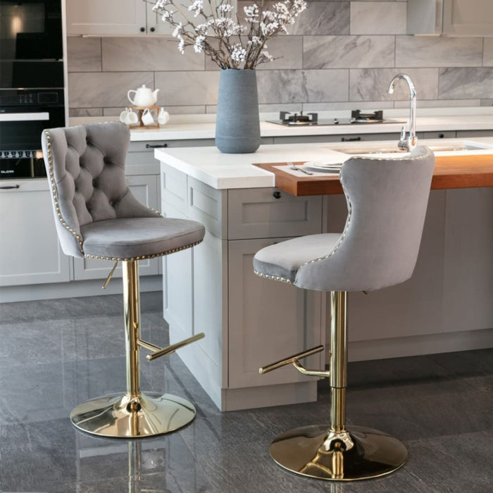 2x Height Adjustable Swivel Bar Stool Velvet Studs Barstool