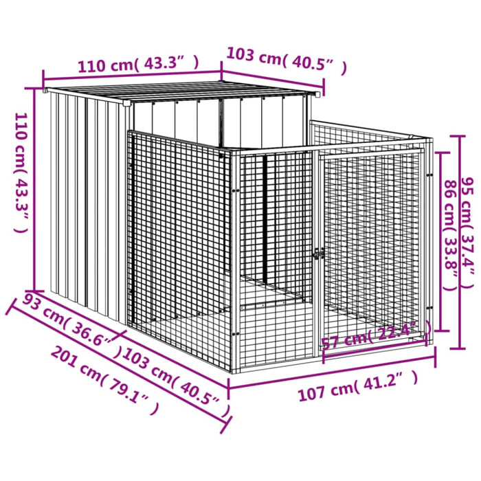 Dog House With Run Anthracite 110x201x110 Cm Galvanised