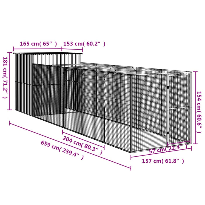 Dog House With Run Anthracite 165x659x181 Cm Galvanised