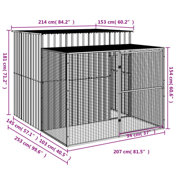 Dog House With Run Anthracite 214x253x181 Cm Galvanised