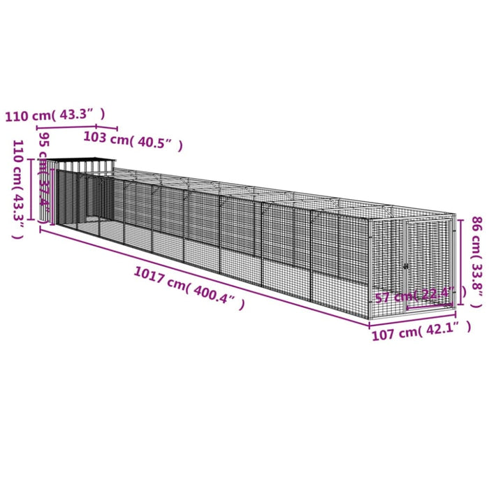 Dog House With Run Light Grey 110x1017x110 Cm Galvanised