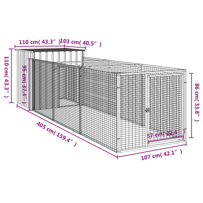 Dog House With Run Light Grey 110x405x110 Cm Galvanised