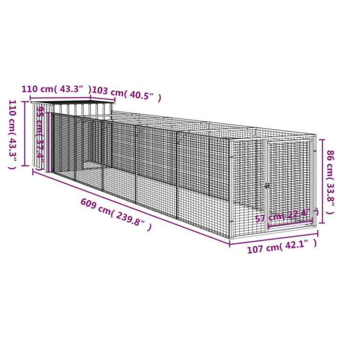 Dog House With Run Light Grey 110x609x110 Cm Galvanised