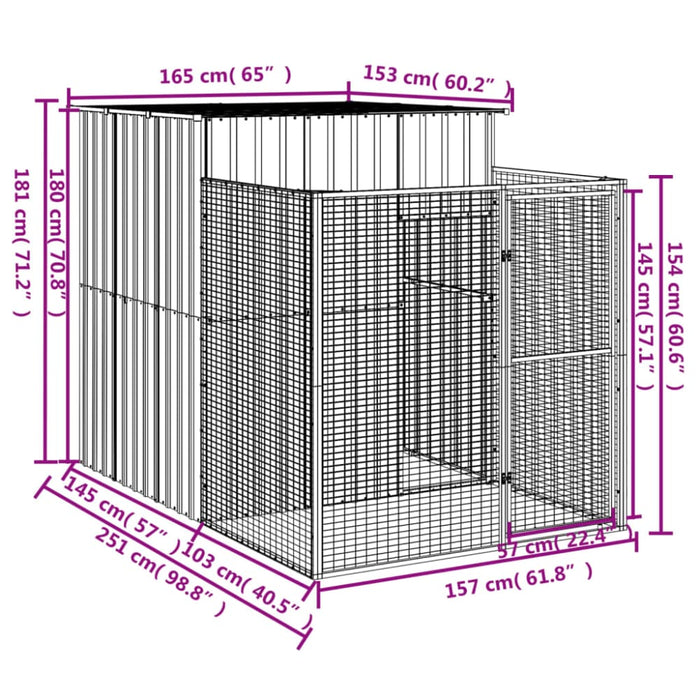 Dog House With Run Light Grey 165x251x181 Cm Galvanised