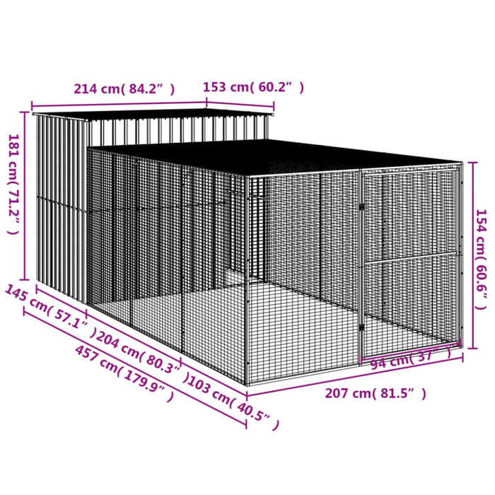 Dog House With Run Light Grey 214x457x181 Cm Galvanised