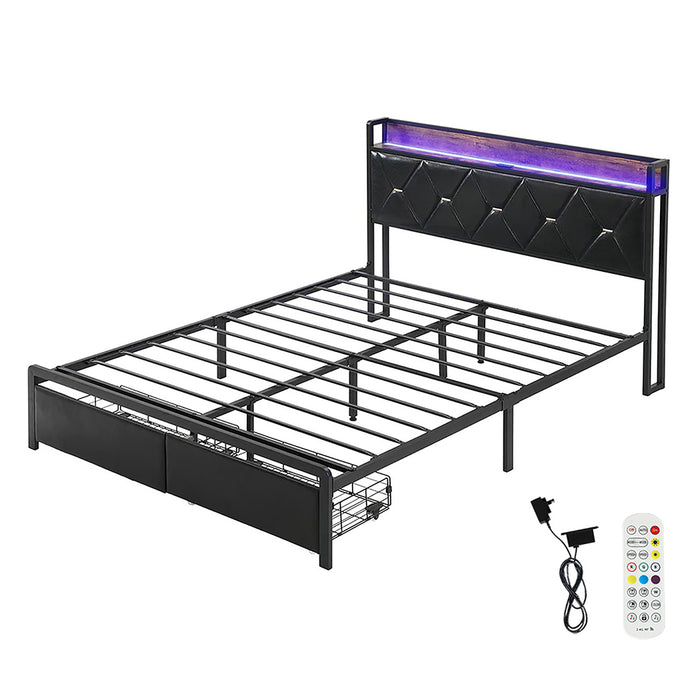 Double Metal Bed Frame Led Lights 2 Drawers