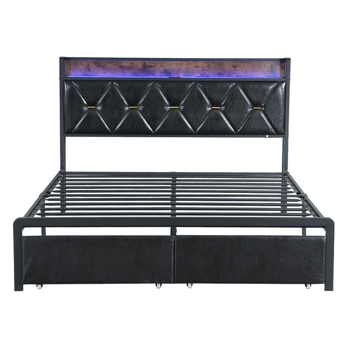 Double Metal Bed Frame Led Lights 2 Drawers