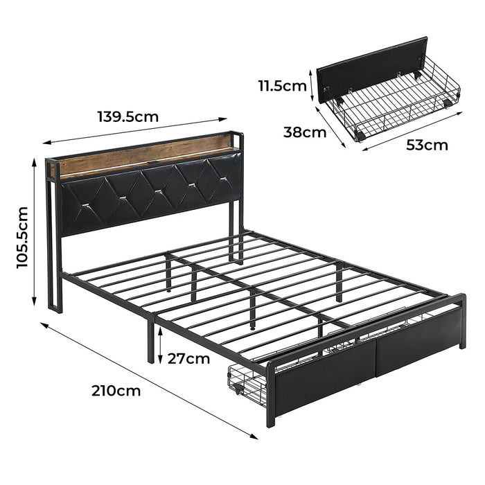 Double Metal Bed Frame Led Lights 2 Drawers