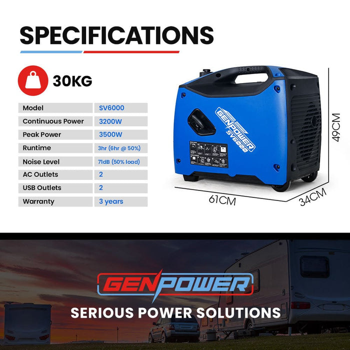 Inverter Generator Portable 3.5kw Max Petrol Pure Sine Wave