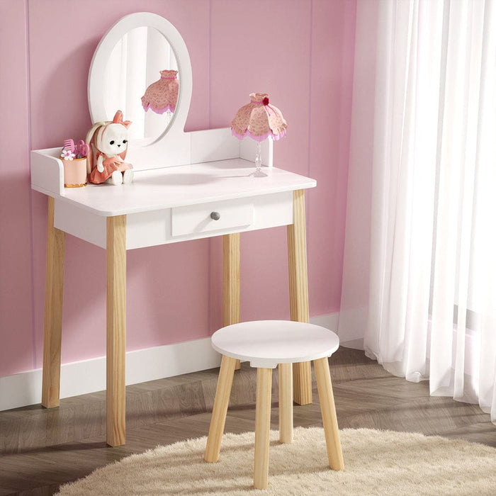 Kids Vanity Makeup Dressing Table Chair Set Wooden Leg