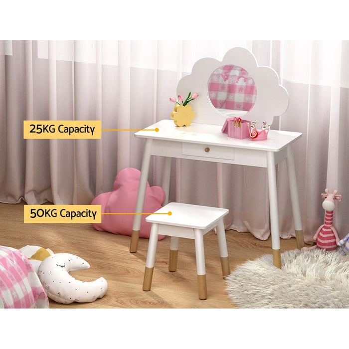 Kids Vanity Makeup Dressing Table Chair Set Wooden Mirror