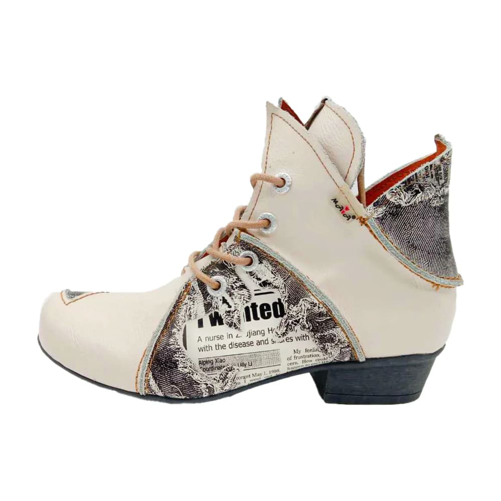 Lace Up Newspaper Print Leather Womens Ankle Boots