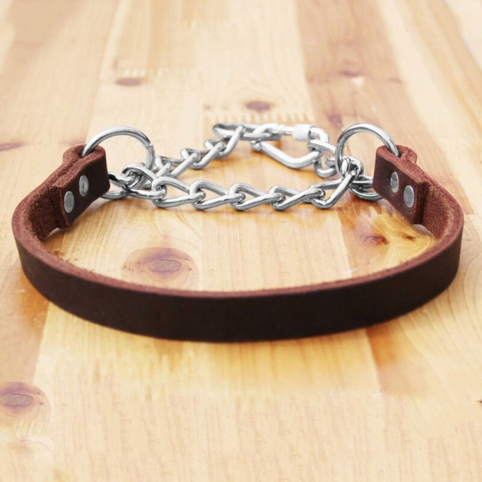 Leather Dog Collar With Stainless Steel Chain