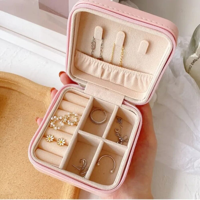 Leather Double Storage Ring Earrings Organization Zipper Box