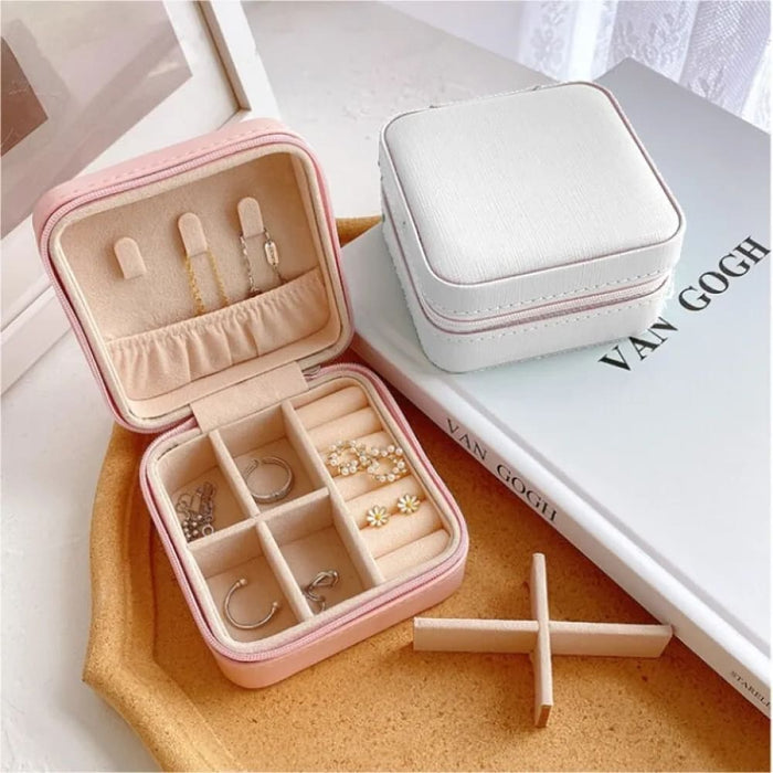 Leather Double Storage Ring Earrings Organization Zipper Box