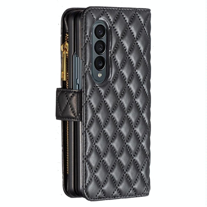 Leather Zip Wallet With Diamond Lattice Design For Samsung