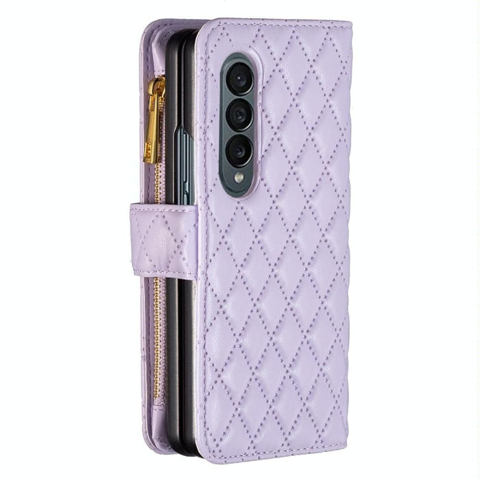 Leather Zip Wallet With Diamond Lattice Design For Samsung