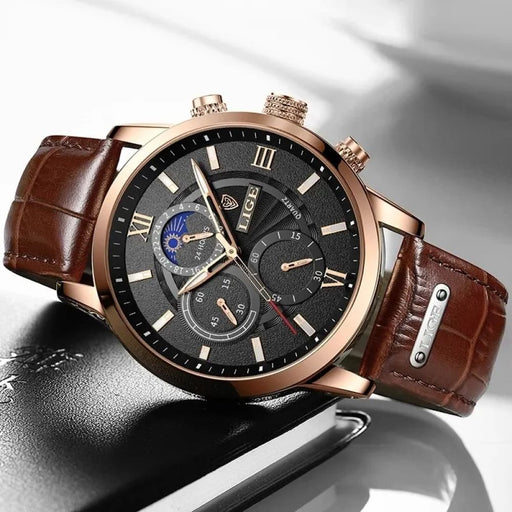 Lige Mens Luxury Brown Leather Quartz Watch