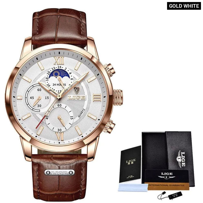 Lige Mens Luxury Brown Leather Quartz Watch