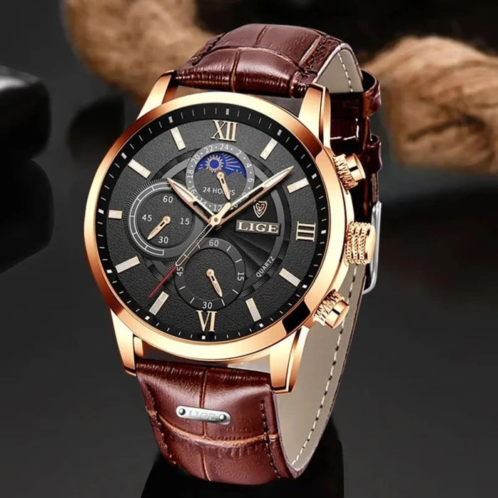 Lige Mens Luxury Brown Leather Quartz Watch