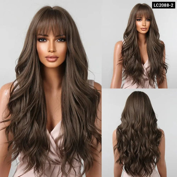 Long Brown Wavy Wig With Bangs