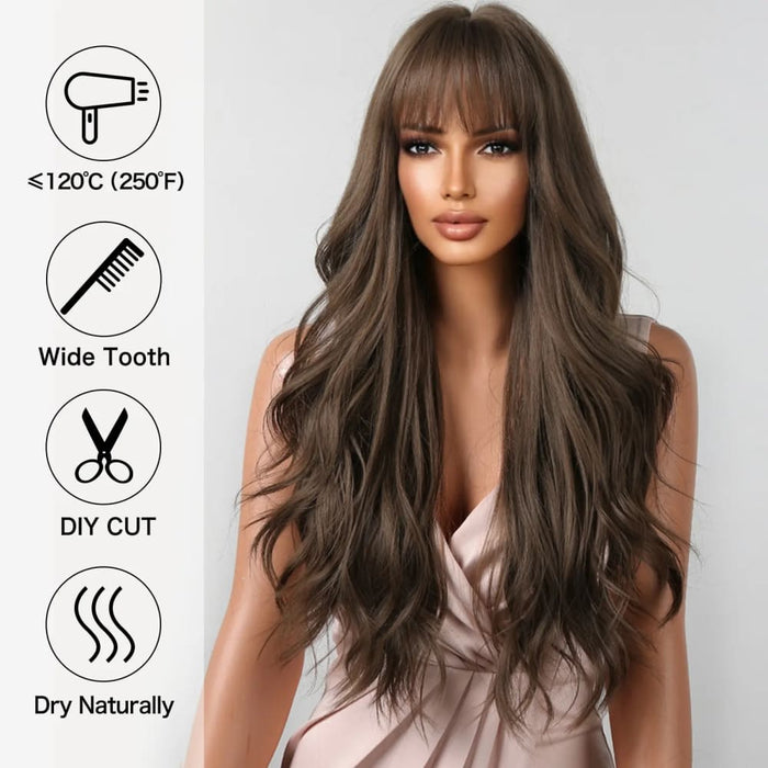 Long Brown Wavy Wig With Bangs