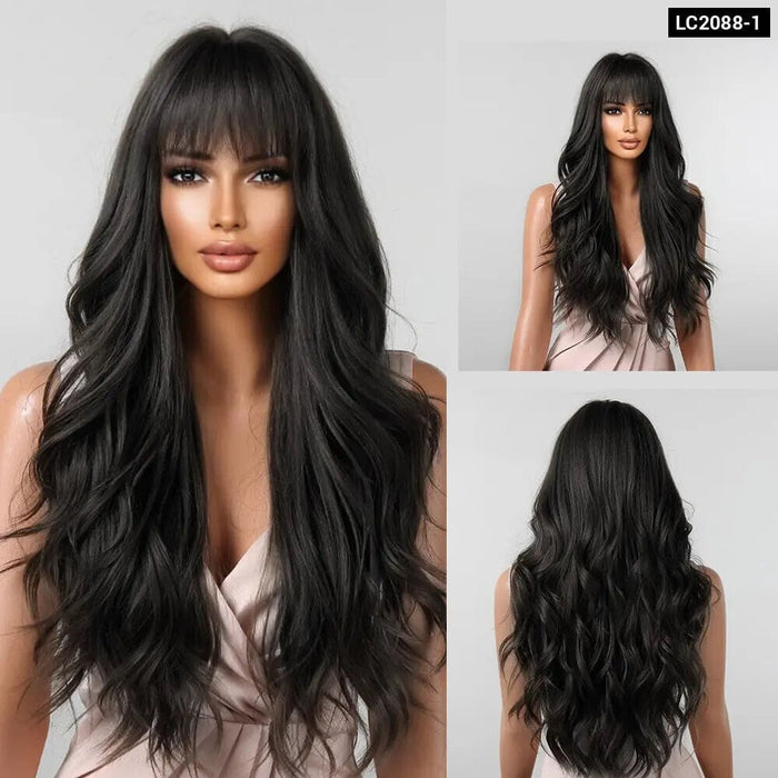 Long Brown Wavy Wig With Bangs