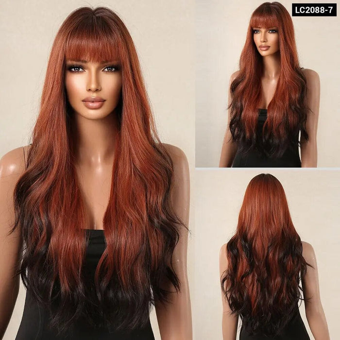 Long Brown Wavy Wig With Bangs